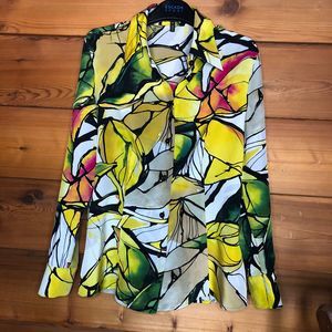 Escada 100 % silk blouse with watercolor, multicolor, yellow long-sleeved blouse